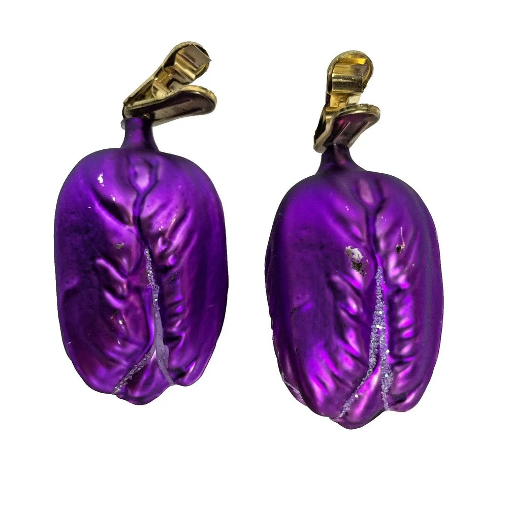 VTG. 2 Clip On Purple Roses with Glitter Blown Glass Ornaments Made in Germany